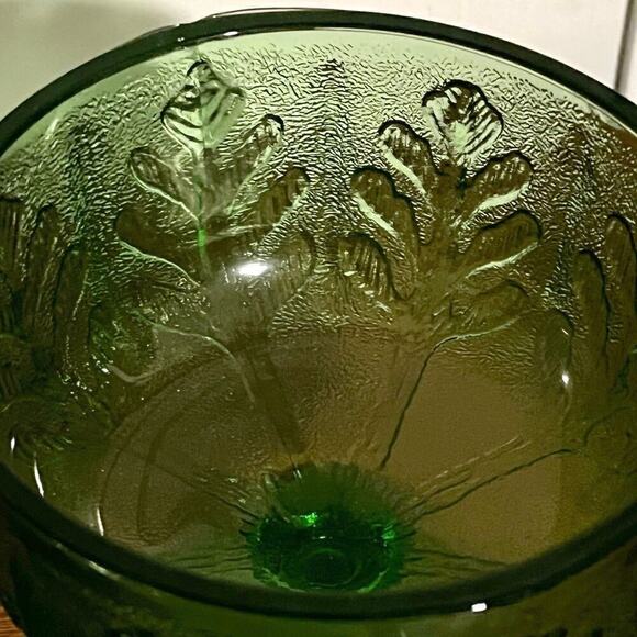 Vintage FTD 1978 Avocado Green Glass Pedestal Compote Candy Dish Vase Oak Leaf - Picture 8 of 9